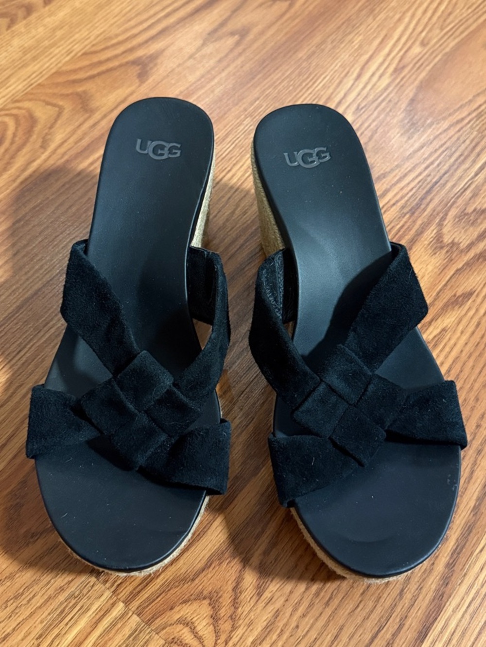 UGG Black Suede Crisscross Wedge Slides